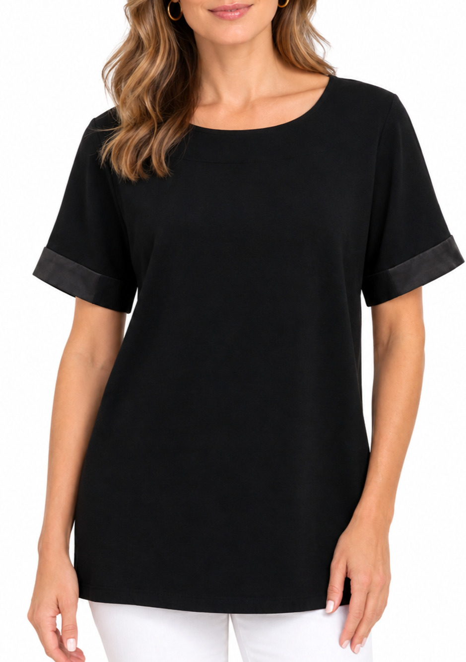 Rag & Bone Short Sleeve Top Blouse Shirt Black Lamb Leather trim Round Neck XS